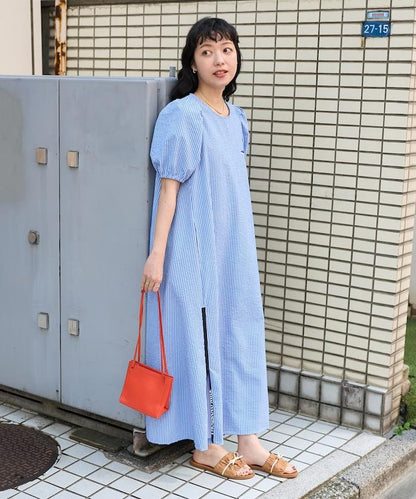 設計 絲絨條紋 泡泡袖連衣裙