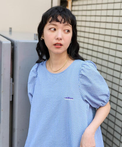 設計 絲絨條紋 泡泡袖連衣裙