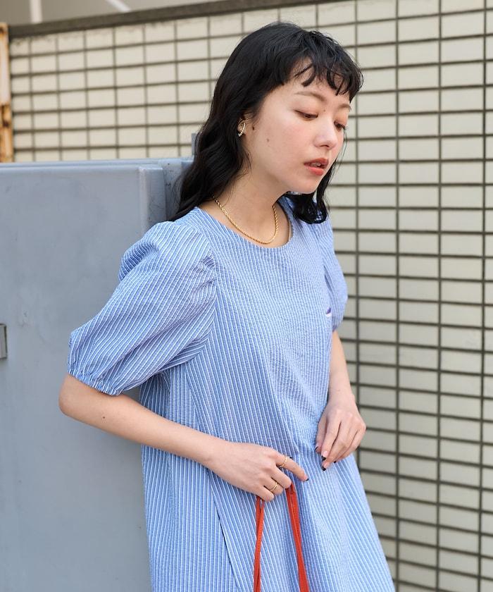 設計 絲絨條紋 泡泡袖連衣裙