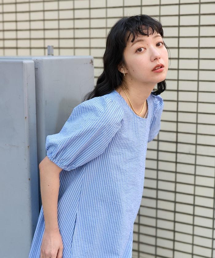 設計 絲絨條紋 泡泡袖連衣裙