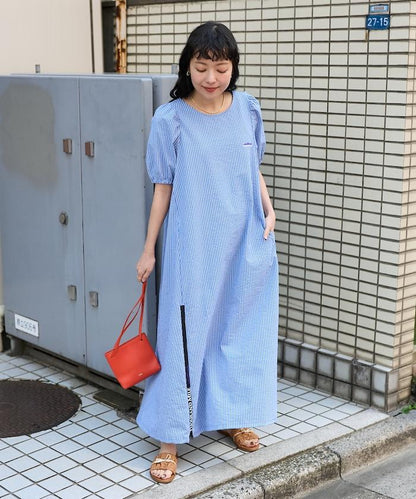 設計 絲絨條紋 泡泡袖連衣裙