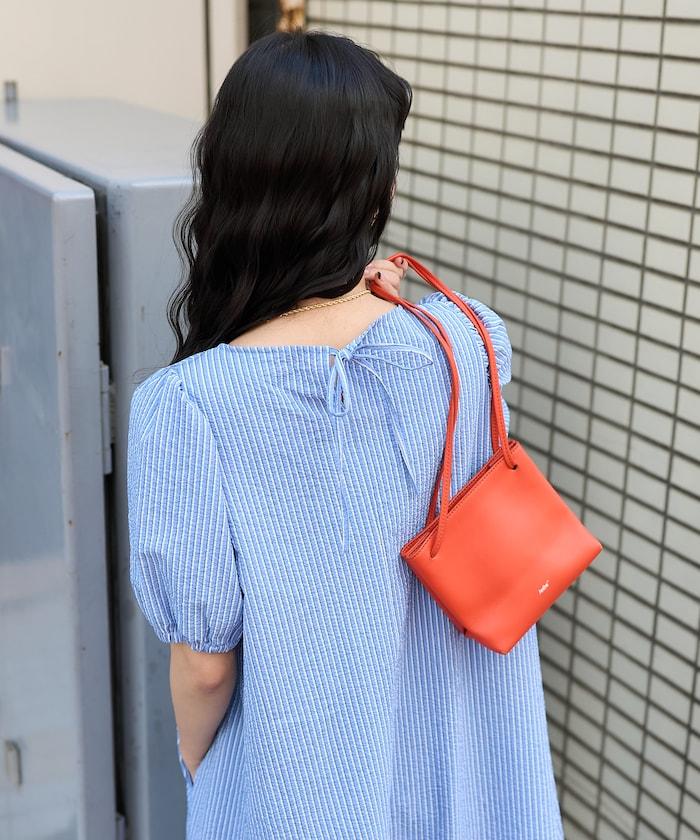 設計 絲絨條紋 泡泡袖連衣裙