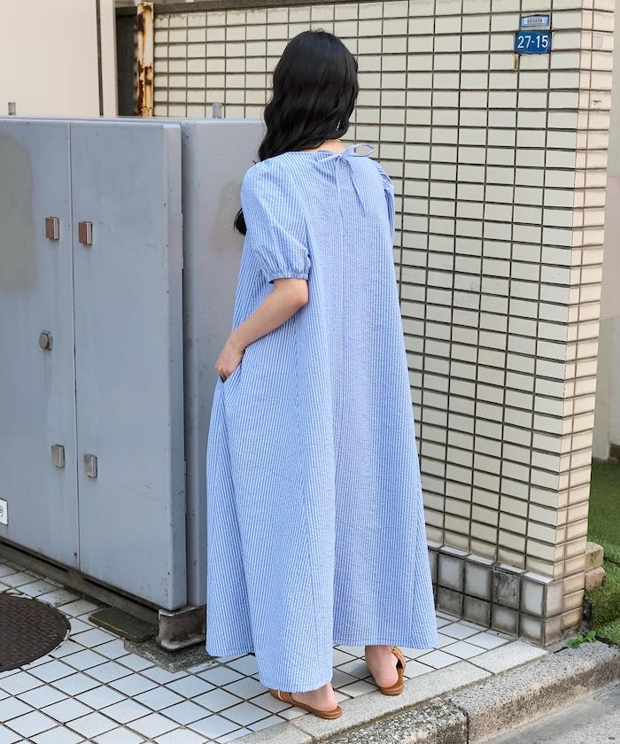 設計 絲絨條紋 泡泡袖連衣裙