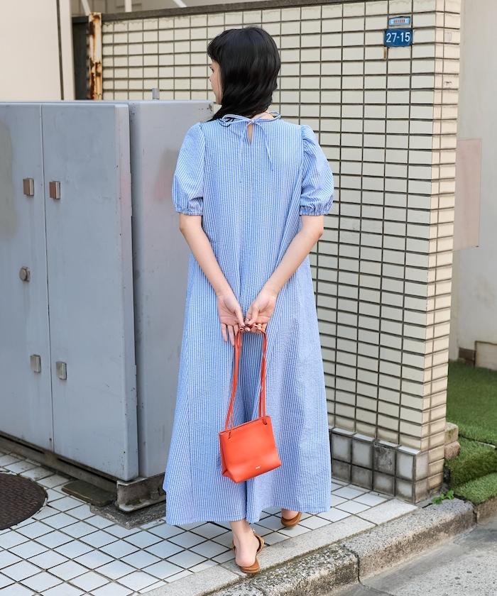 設計 絲絨條紋 泡泡袖連衣裙