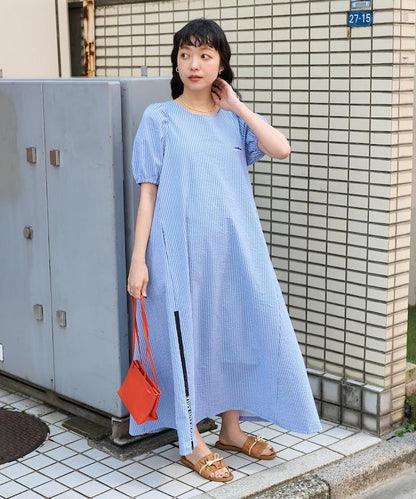 設計 絲絨條紋 泡泡袖連衣裙