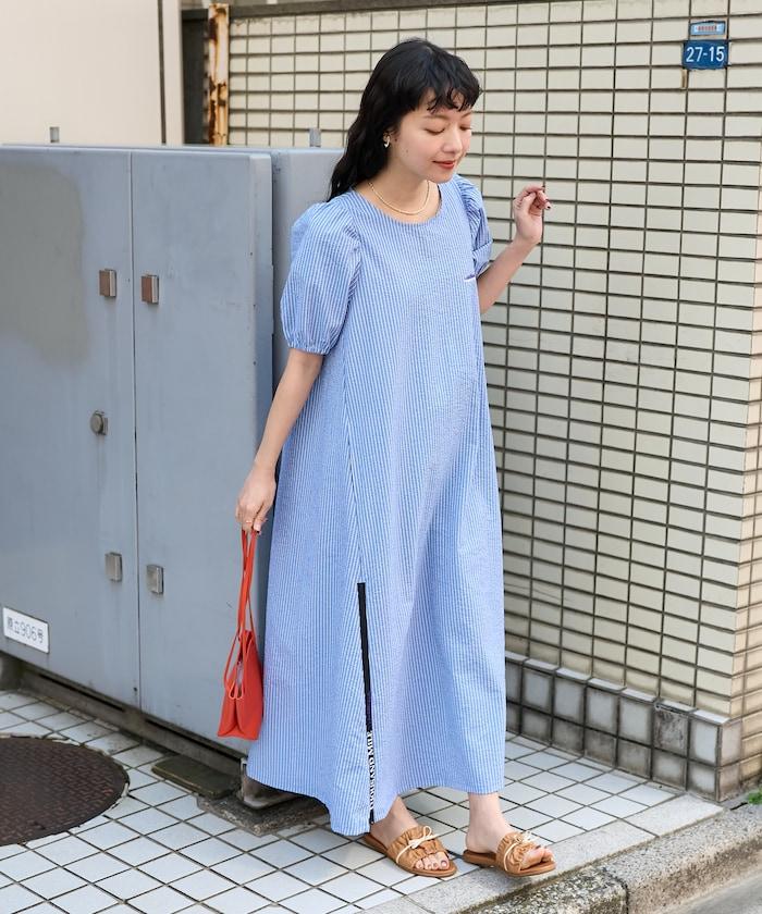 設計 絲絨條紋 泡泡袖連衣裙