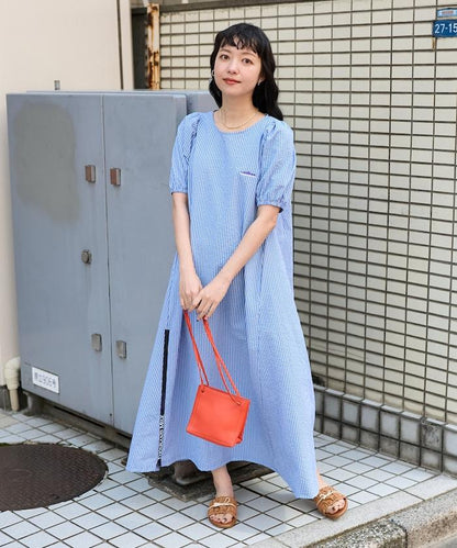 設計 絲絨條紋 泡泡袖連衣裙