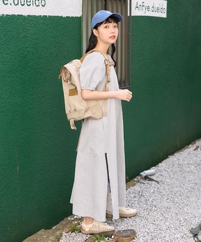 設計 絲絨條紋 泡泡袖連衣裙