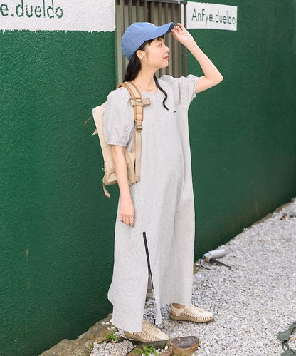 設計 絲絨條紋 泡泡袖連衣裙