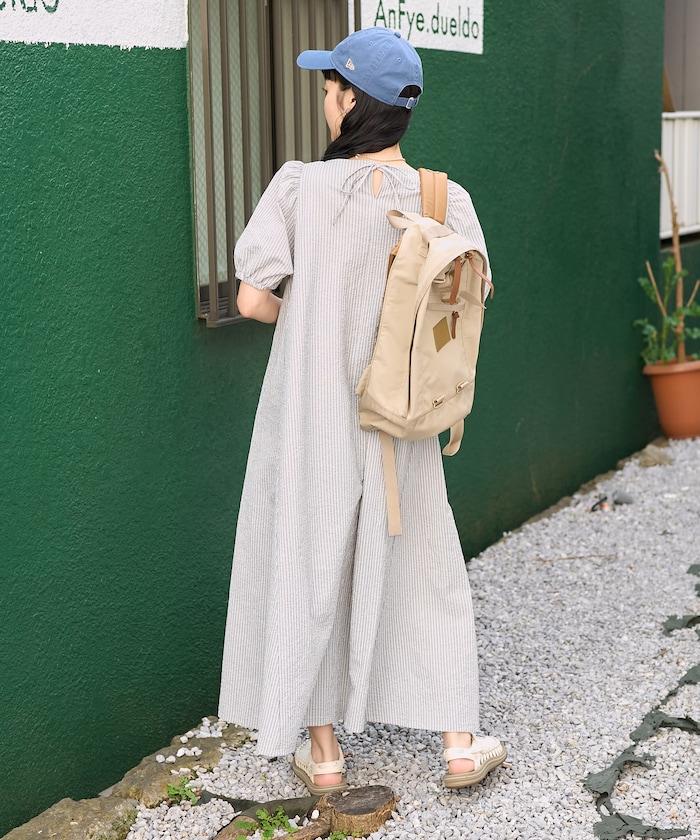 設計 絲絨條紋 泡泡袖連衣裙