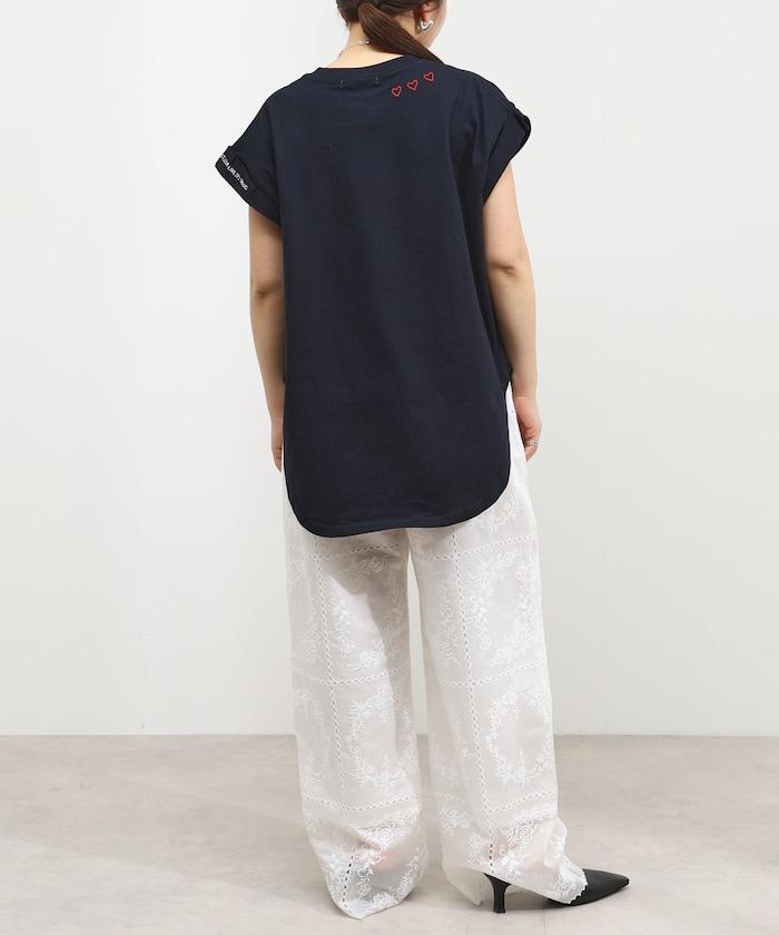 有機棉 卷邊愛心刺繡T恤
