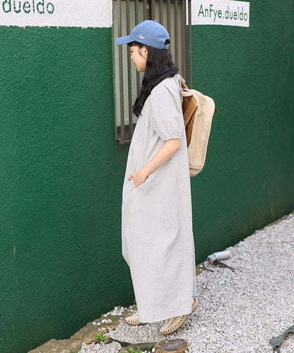 設計 絲絨條紋 泡泡袖連衣裙