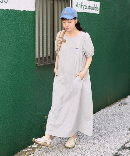 設計 絲絨條紋 泡泡袖連衣裙