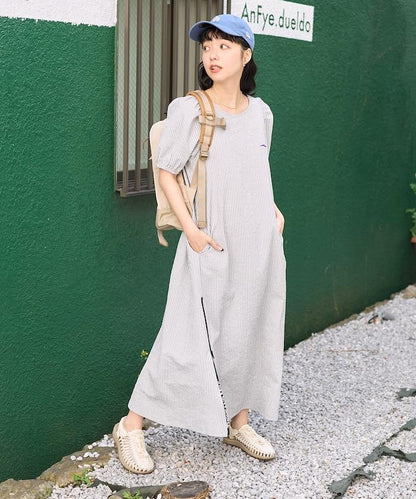 設計 絲絨條紋 泡泡袖連衣裙