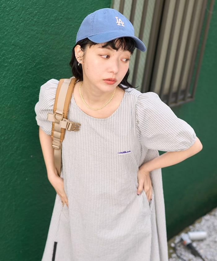 設計 絲絨條紋 泡泡袖連衣裙