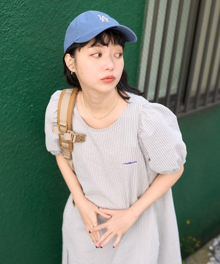 設計 絲絨條紋 泡泡袖連衣裙