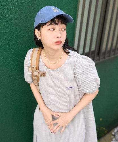 設計 絲絨條紋 泡泡袖連衣裙