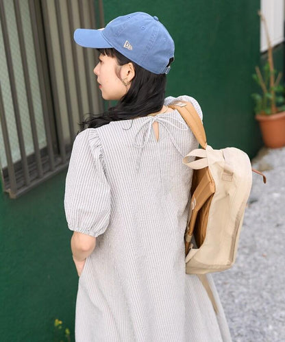 設計 絲絨條紋 泡泡袖連衣裙