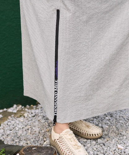 設計 絲絨條紋 泡泡袖連衣裙