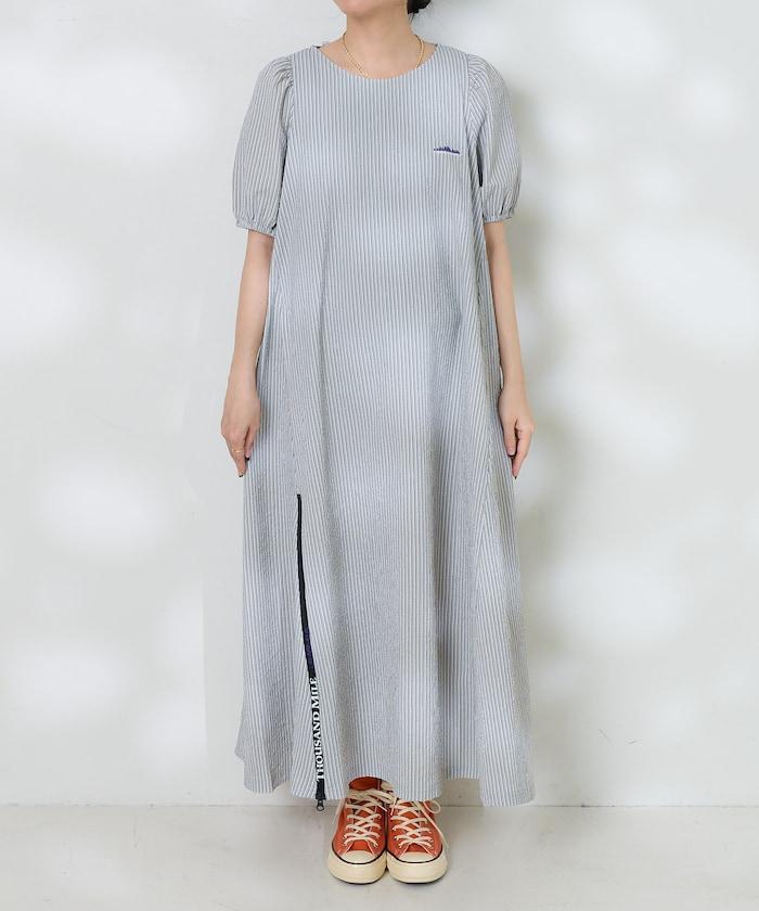 設計 絲絨條紋 泡泡袖連衣裙