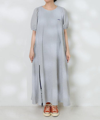 設計 絲絨條紋 泡泡袖連衣裙