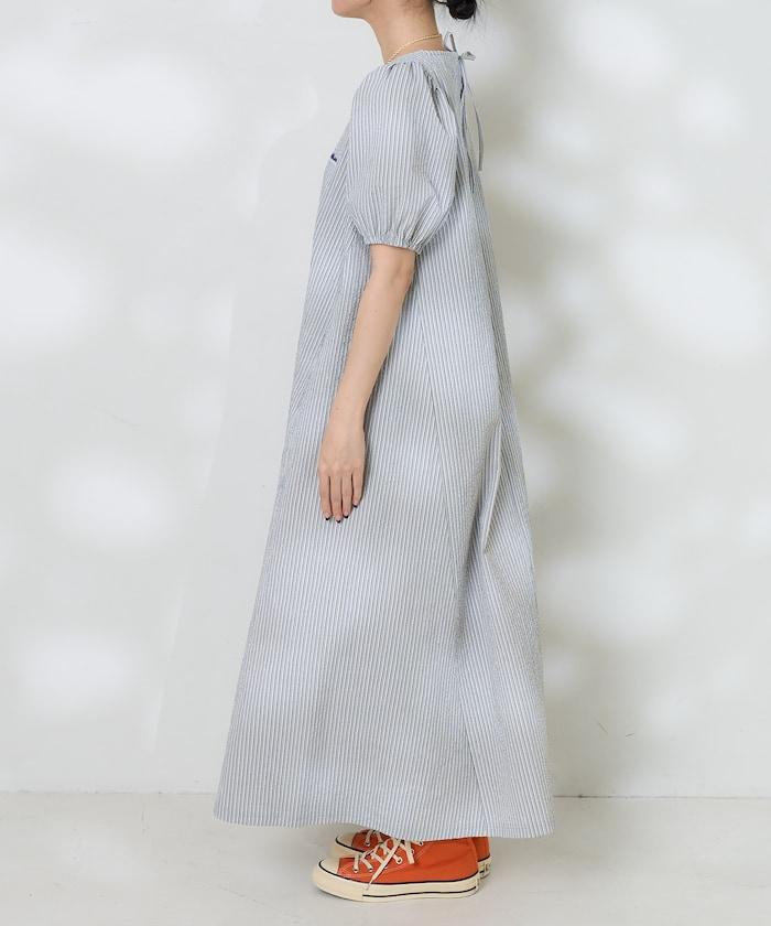 設計 絲絨條紋 泡泡袖連衣裙