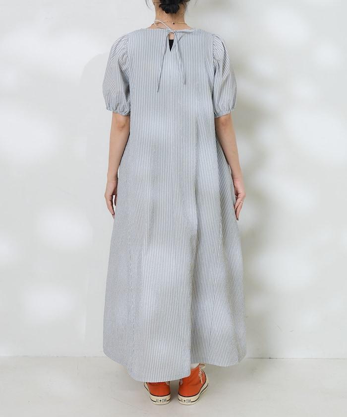 設計 絲絨條紋 泡泡袖連衣裙