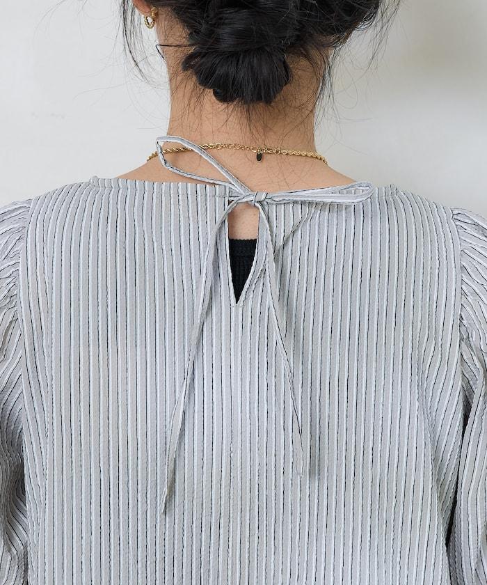 設計 絲絨條紋 泡泡袖連衣裙