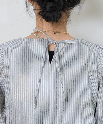 設計 絲絨條紋 泡泡袖連衣裙