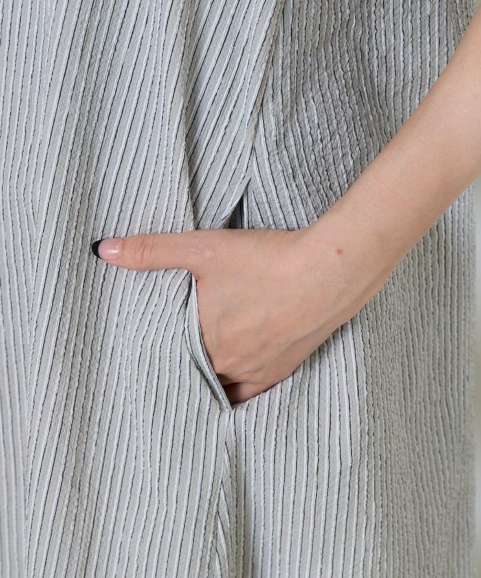 設計 絲絨條紋 泡泡袖連衣裙