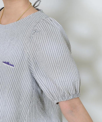 設計 絲絨條紋 泡泡袖連衣裙