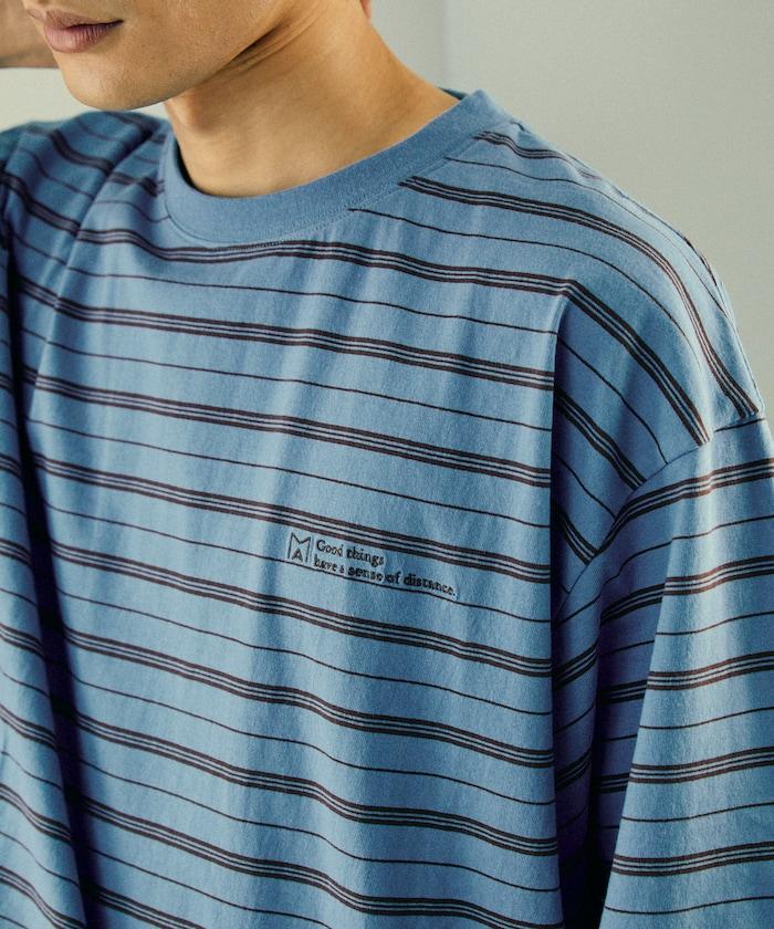 BASIC標誌刺繡T恤條紋/一點刺繡條紋T恤/短袖