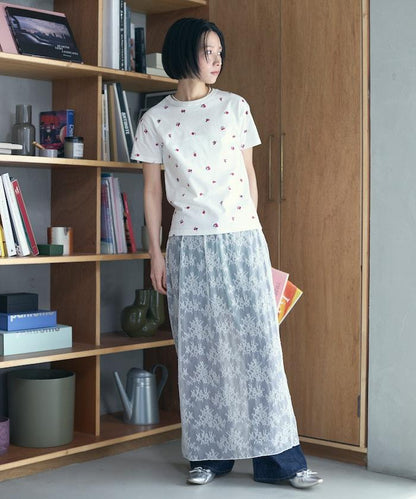 有機棉 花朵圖案印花T恤 / 緊身 短袖T恤