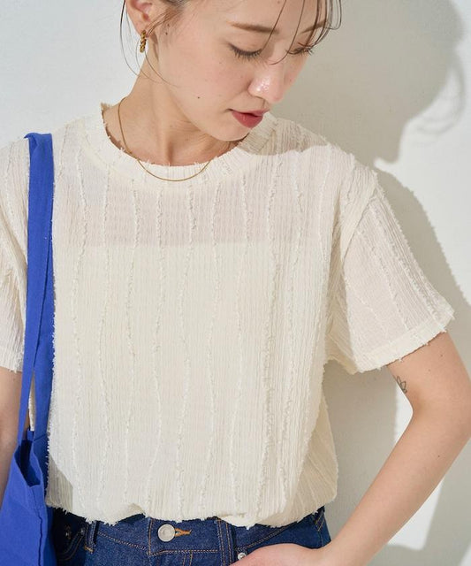 流蘇條紋提花短袖T恤