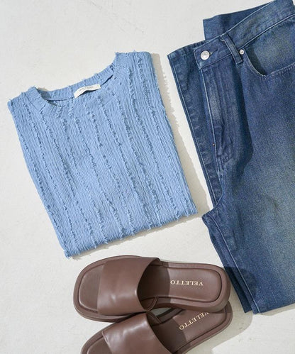 流蘇條紋提花短袖T恤