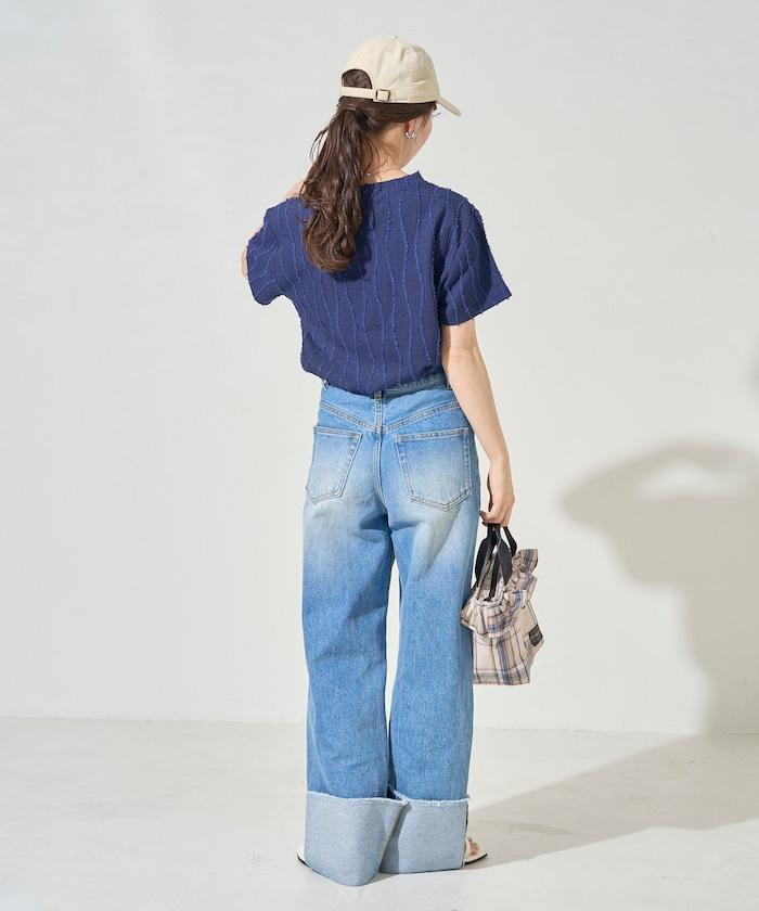 流蘇條紋提花短袖T恤