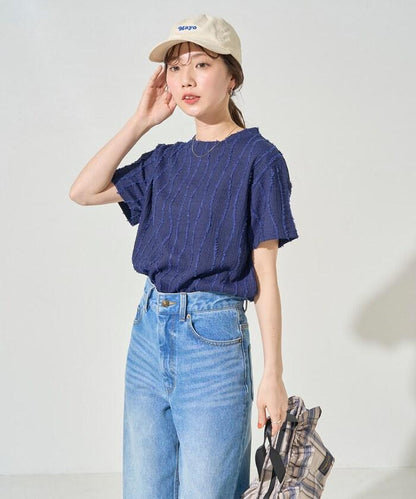 流蘇條紋提花短袖T恤