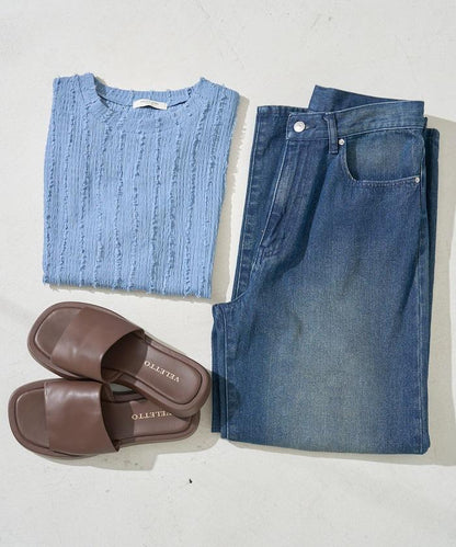 流蘇條紋提花短袖T恤