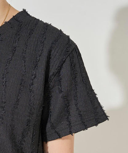 流蘇條紋提花短袖T恤