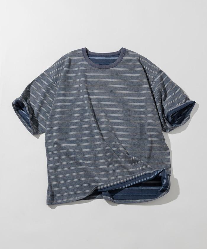漸變印花 可反穿 圓領 條紋T恤
