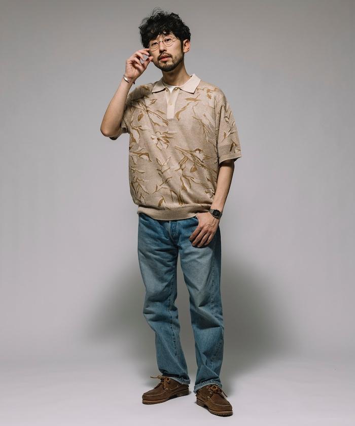 總花紋 網眼編織 針織polo衫 短袖