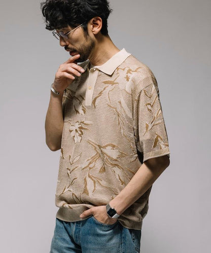總花紋 網眼編織 針織polo衫 短袖