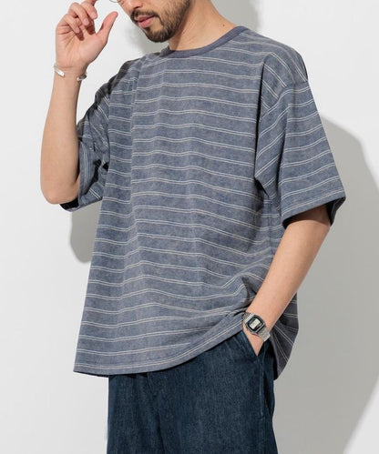 漸變印花 可反穿 圓領 條紋T恤