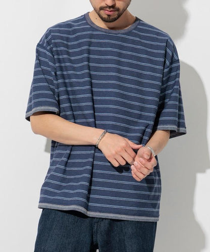 漸變印花 可反穿 圓領 條紋T恤