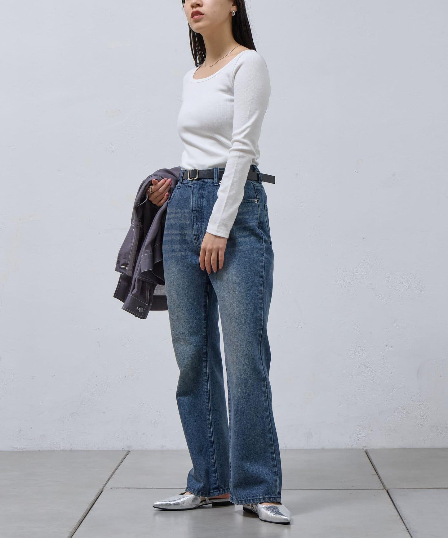 方領針織長袖套頭衫