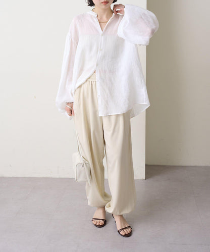 透明亞麻泡泡袖襯衫