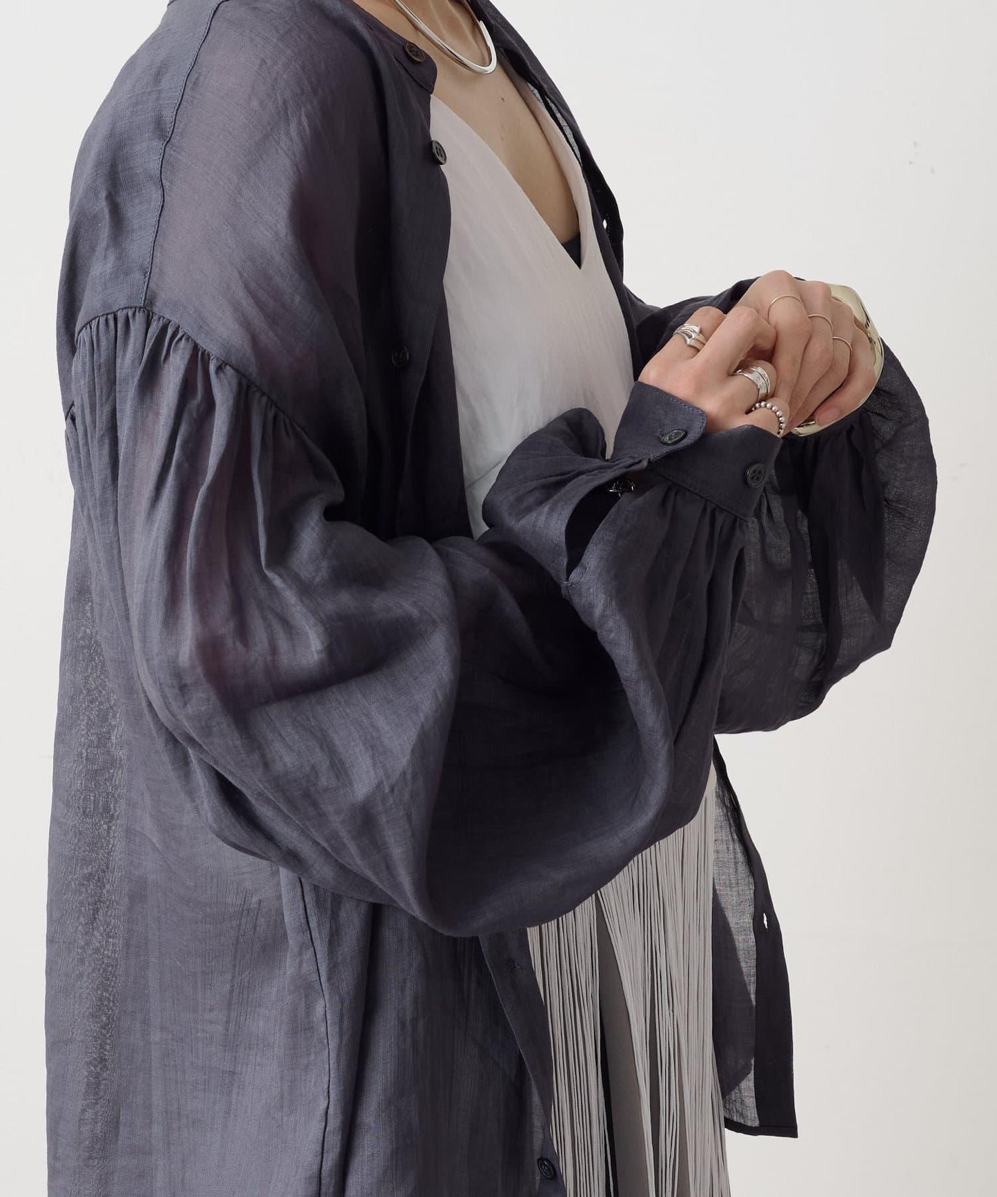 透明亞麻泡泡袖襯衫