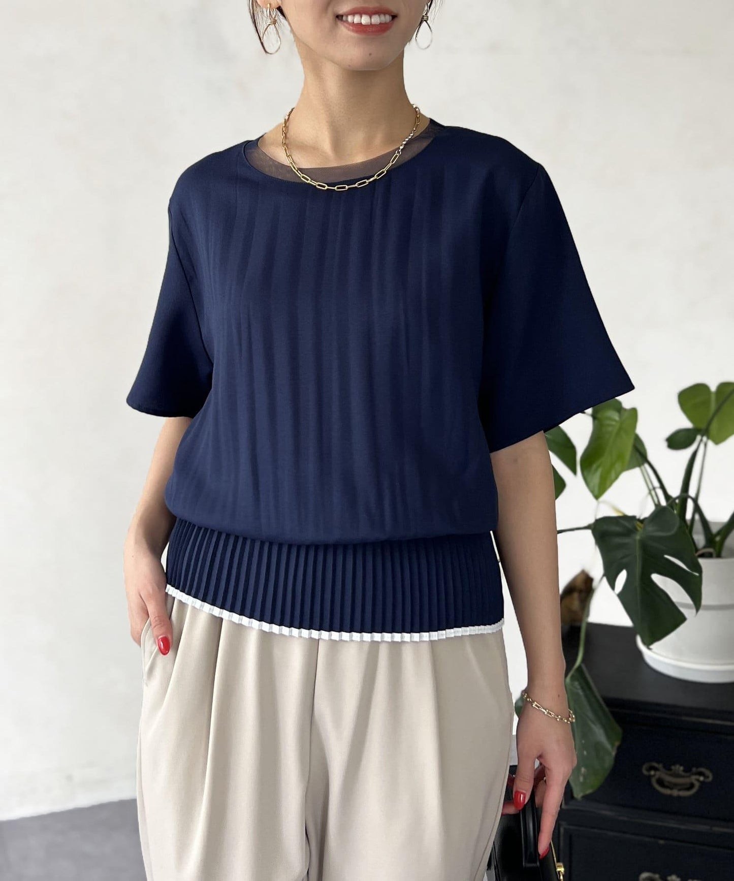 修身褶皺拼接襯衫