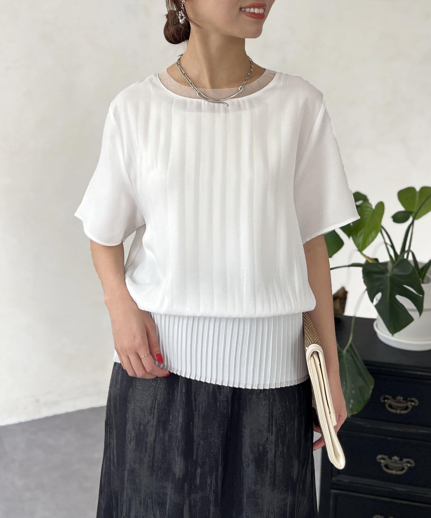 修身褶皺拼接襯衫