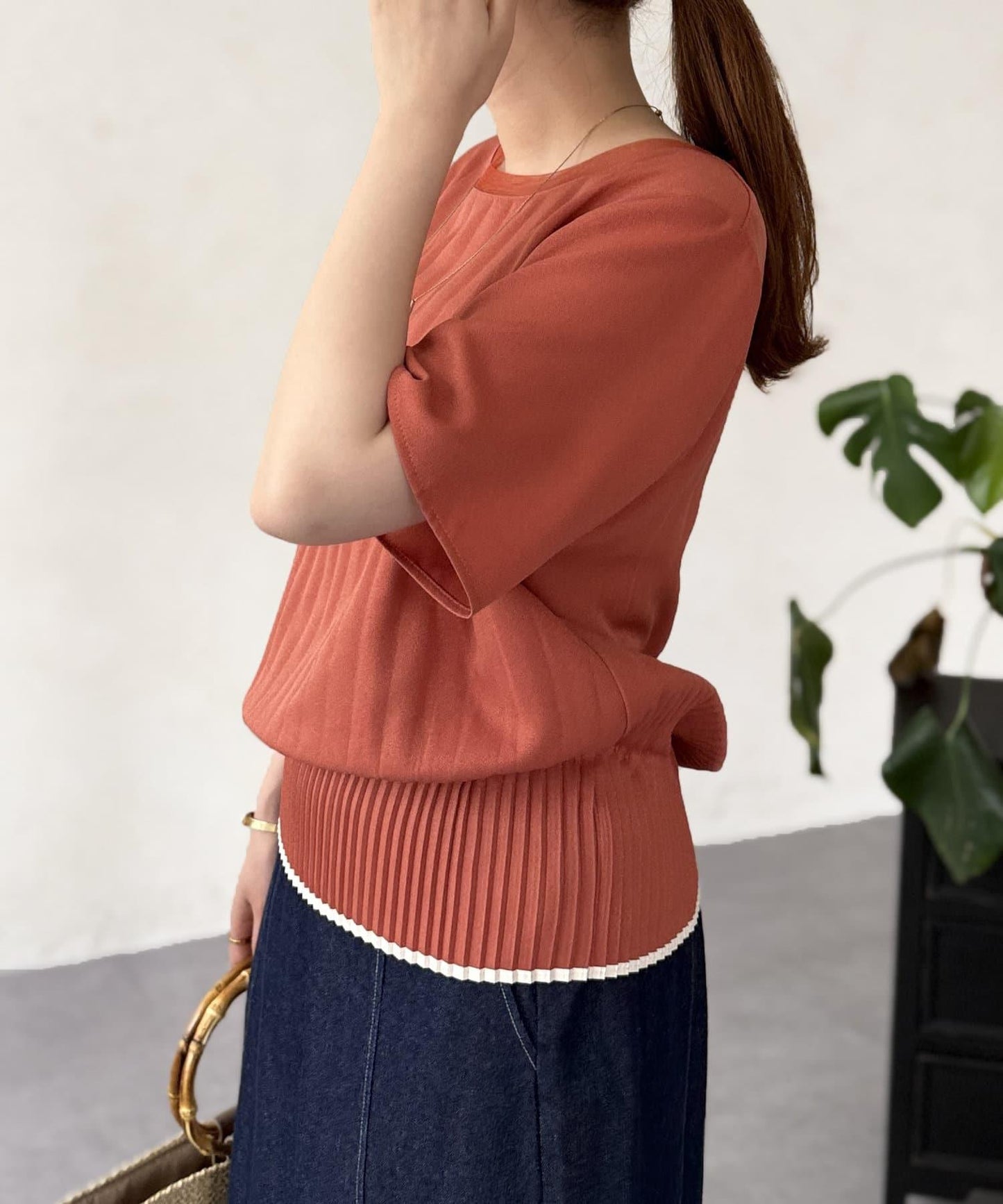 修身褶皺拼接襯衫